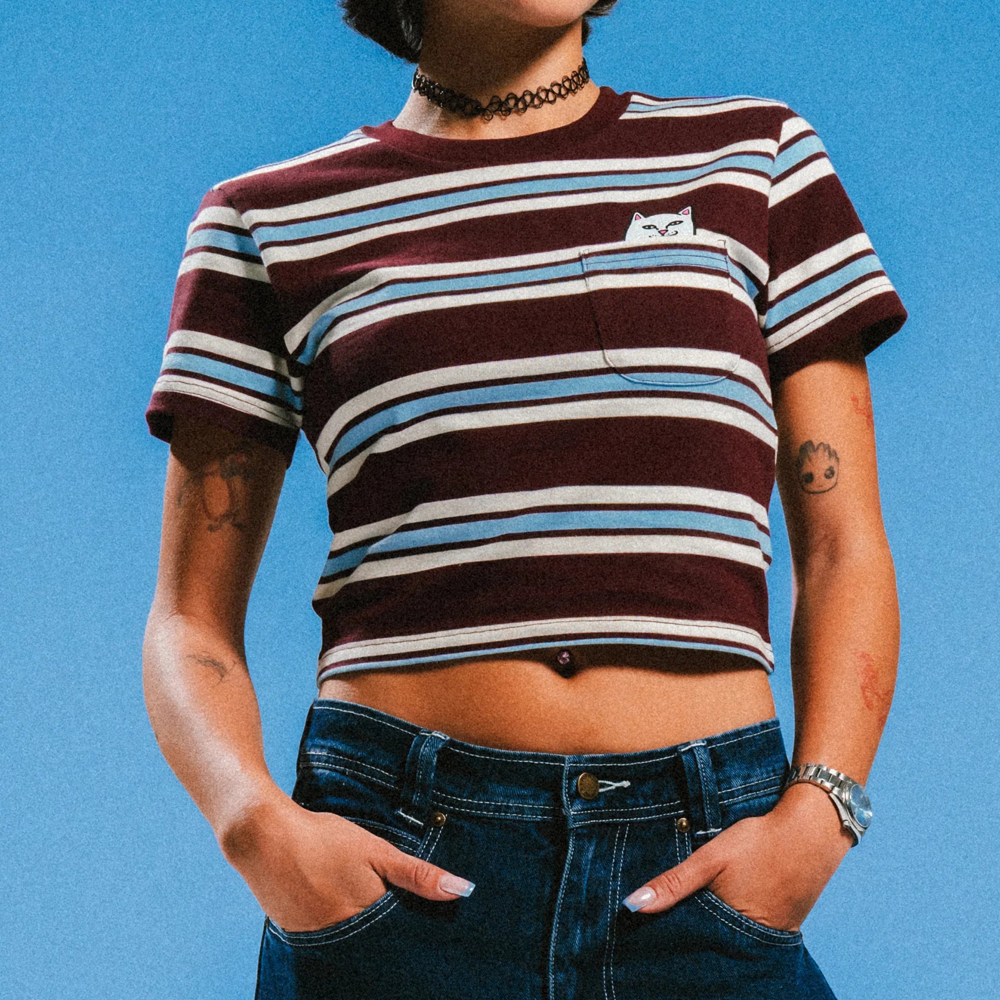 LORD NERMAL CROPPED BABY POCKET TEE (BROWN STRIPE)